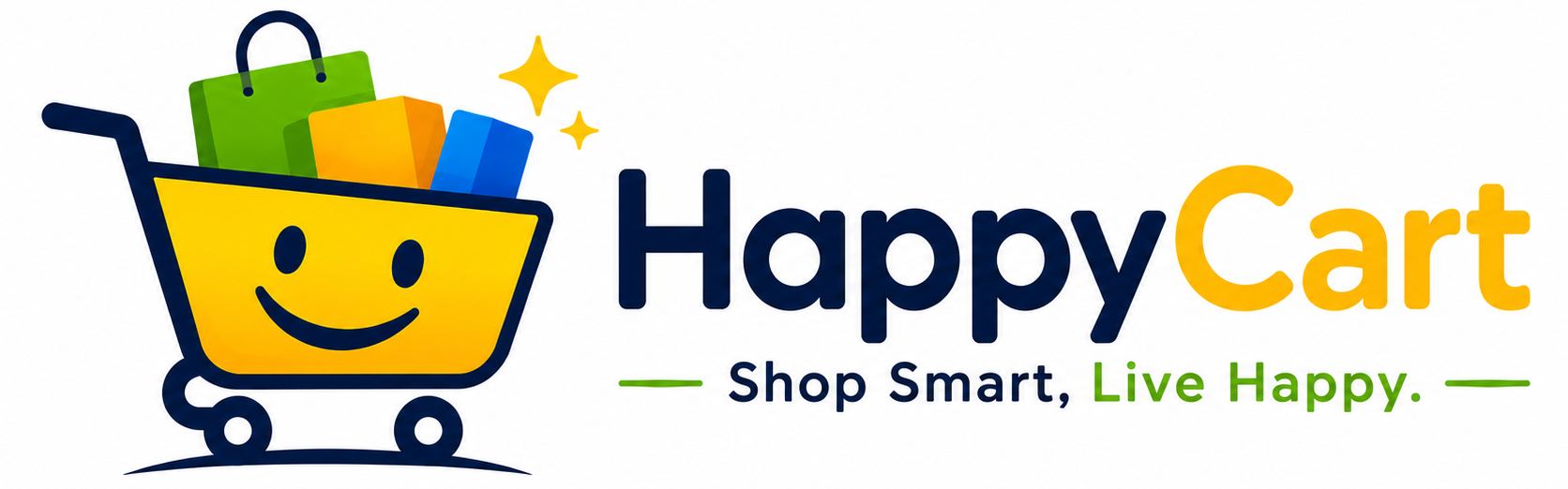 Happy Cart logo with a smiling shopping cart and colorful bags on a white background