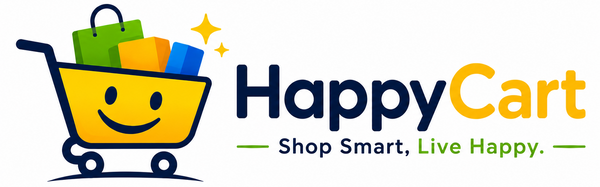 Happy Cart logo with a smiling shopping cart and colorful bags on a white background